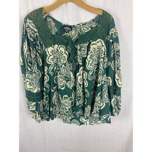 Angie Bohemian Floral Pheasant Green White Top Women's XL